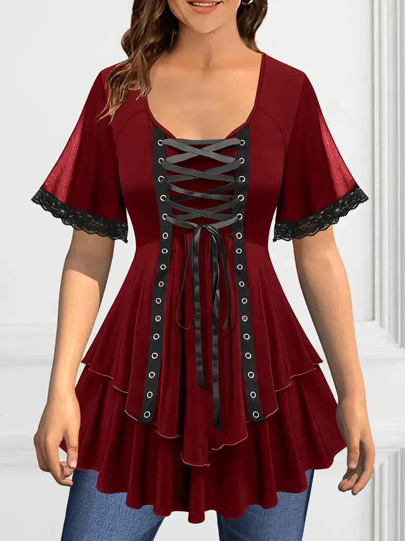 Plus Size Women Lace-up Grommets Lace Trim Butterflies Sleeve Blouse Layered Short Sleeve Flowy Top Summer Fashion Soft Tee Top