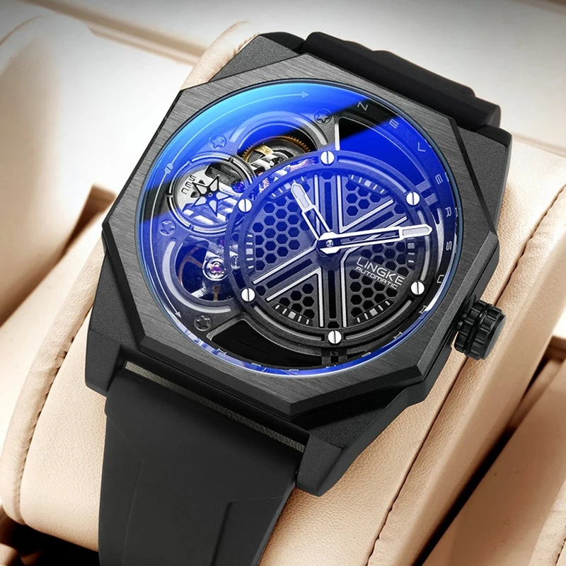 LINGKE Orologio meccanico da uomo di marca Cinturino sportivo in silicone Tourbillon automatico Orologi da uomo Orologio super luminoso impermeabile da uomo
