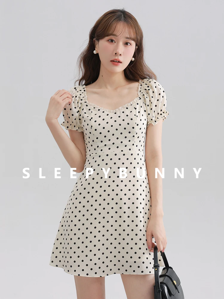

Elegant Polka Dot Midi Dress Women Summer Puff Sleeve Fishtail Dress French Style Slim Fit A-Line Sundress Vacation Daily Wear