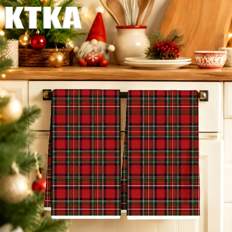2 stuks, rode geruite kerstkeukendoeken, vintage Schotse geruite kerstdecoratie voor de keuken.