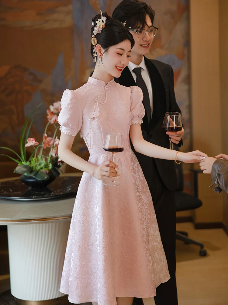 

Pink Engagement Dr ort Sve Mid-Length A-Line Skirt Wedding Ceremony Evening Par Casual Wear New Chinese S...