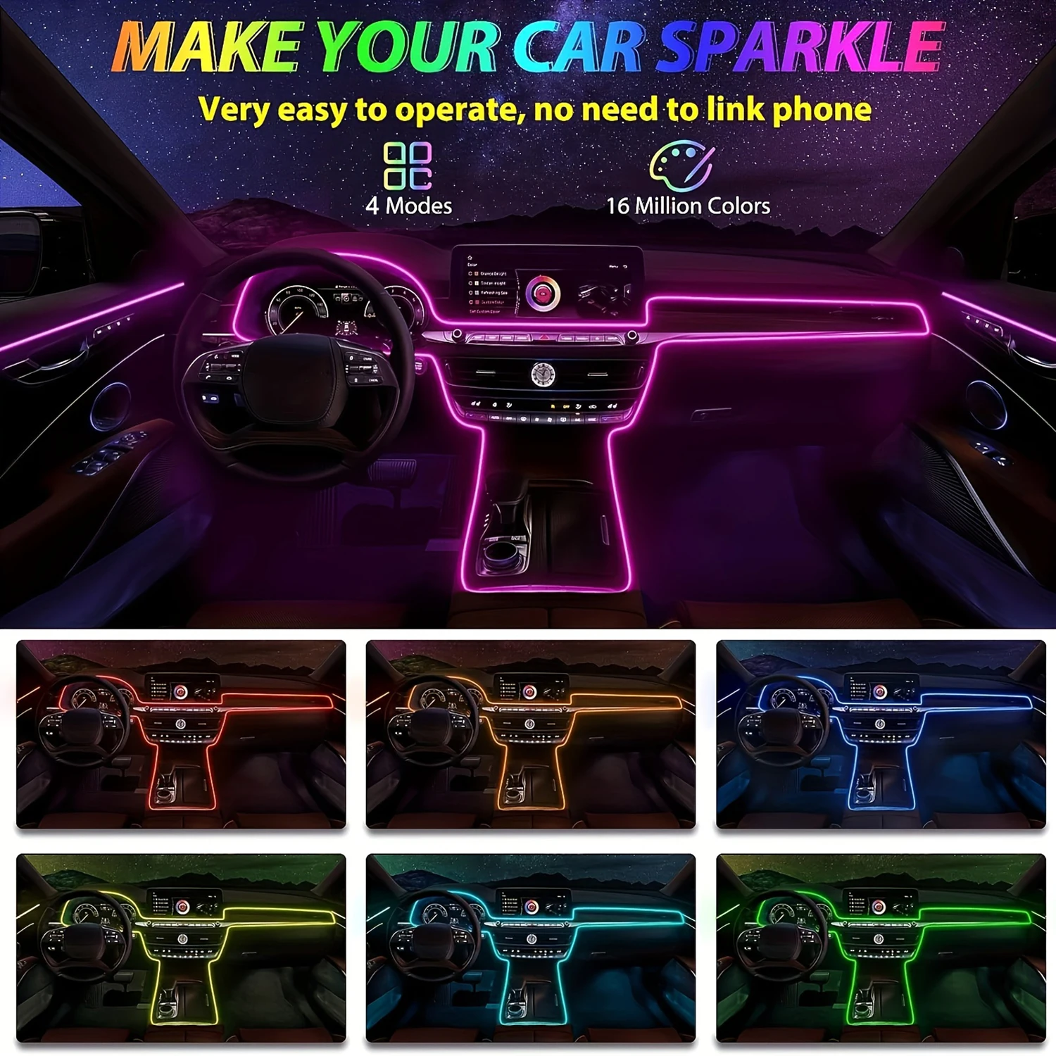 3m/118 inch Auto Ambient Lighting Car LED Interior Strip Light USB with RGB 16 Million Colors Fiber Optics Neon Decorative Lamps
