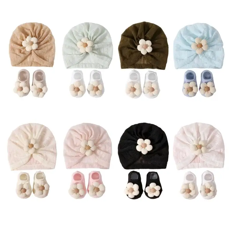 

U13F Lovely Baby Hat & Socks Set Turban Hat Soft & Breathable Fetal Caps Newborns Bonnet with Socks for Girls 0-1 Year