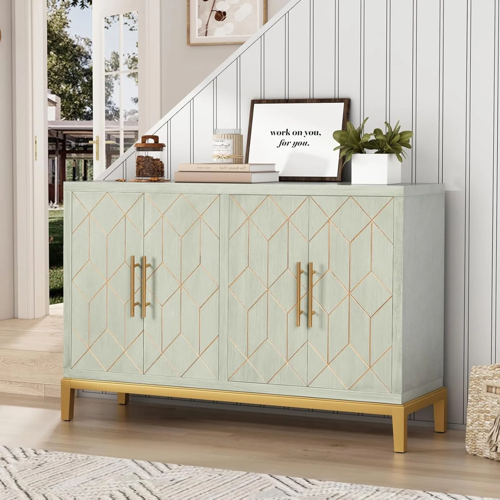 

US Accent Cabinet with 4 Doors, Modern Credenza Storage Cabinet, Carved Decorative Sideboard Buffet