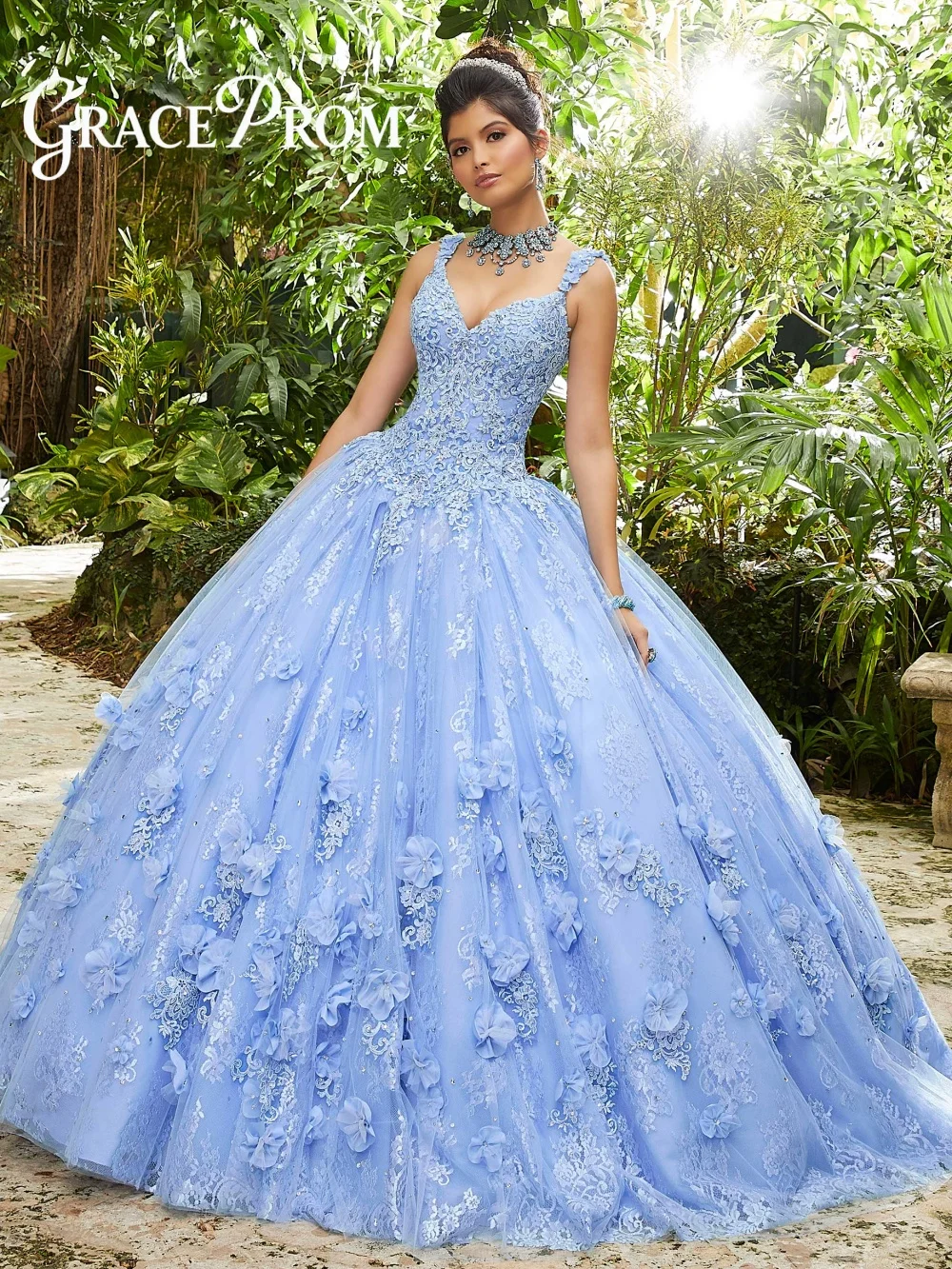 

Stunning Sky Blue Quinceanera Dress With 3D Floral Appliques Beaded Sweetheart Voluminous Ball Gown For Sweet 16 Celebration