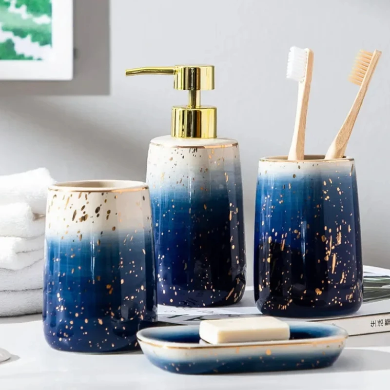 

Blue Starry Wash Kit, Ceramic Bathroom Supplies, Home, 4-Piece, Lotion Bottle, Toothbrush Holder, Mouth Cup, Soap Dish