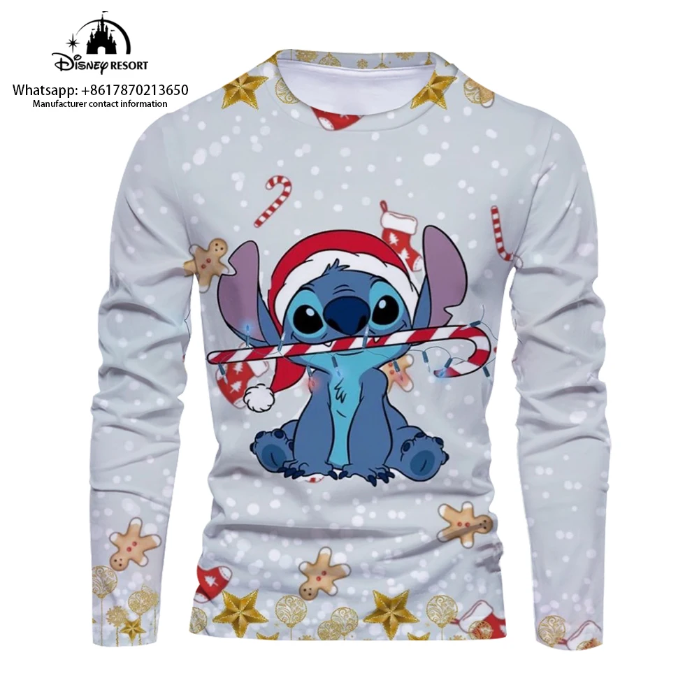 Fashion casual men's long-sleeved T-shirt bottoming shirt Stitch cartoon 3D comfortable men's long-sleeved T-shirt 2024 new