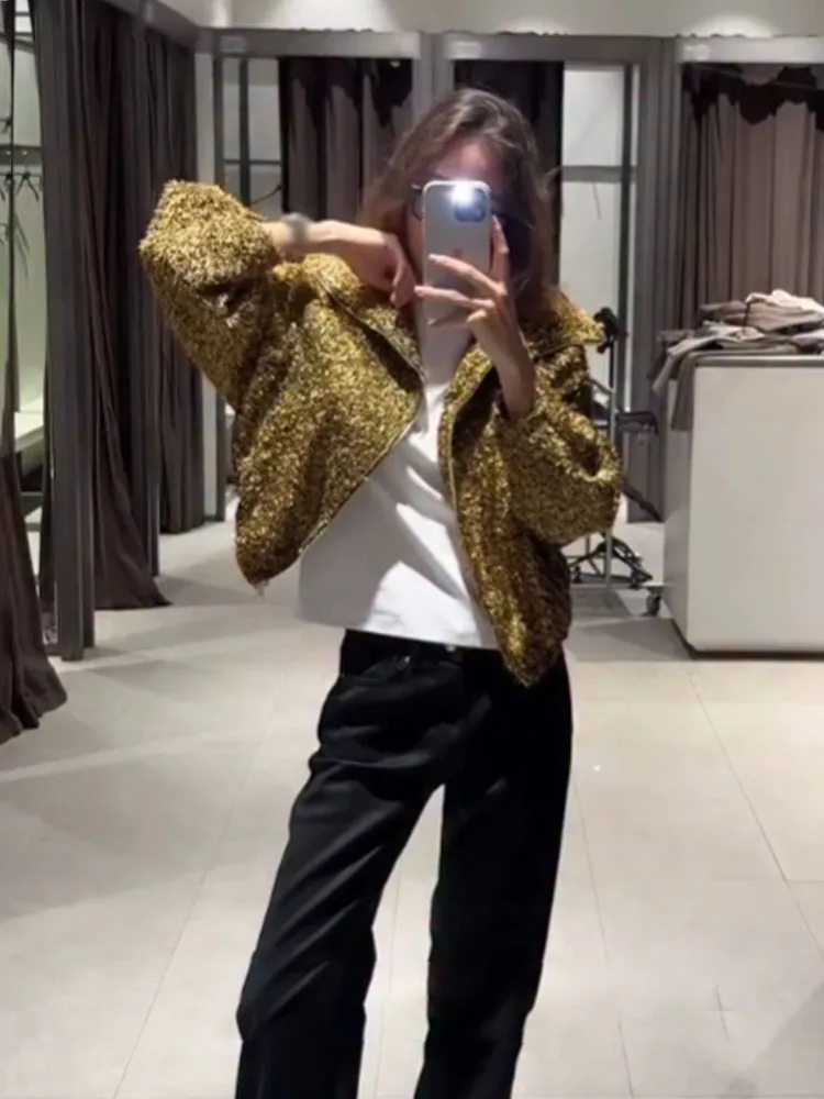 

HH женская модная куртка металлического цвета с карманами и отложным воротником с длинными рукавами, женская осенняя повседневная куртка-пилот на молнии Mujer