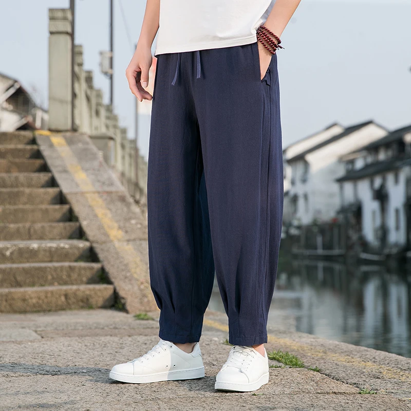 

Хлопковые льняные брюки в стиле Харадзюку, свободного кроя, летние, тонкие, укороченные, мужские повседневные брюки-фонари, прямые, с эластичным поясом