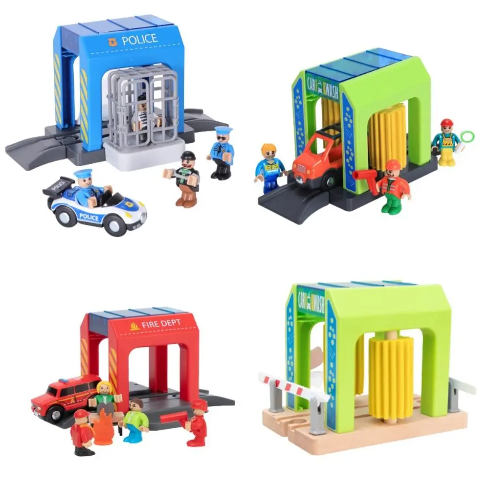 Building Blocks Connection Wooden Train Tracks Railway Toys Car Wash Room Police Station Police Station Car Wash Room Model Toys