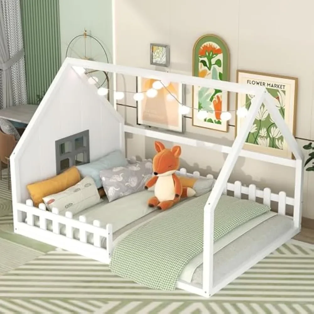 

Full Size House Bed for Kids,Wood Montessori Floor Bed with Fence and Window Full Floor Bed with Rails for Girls Boys