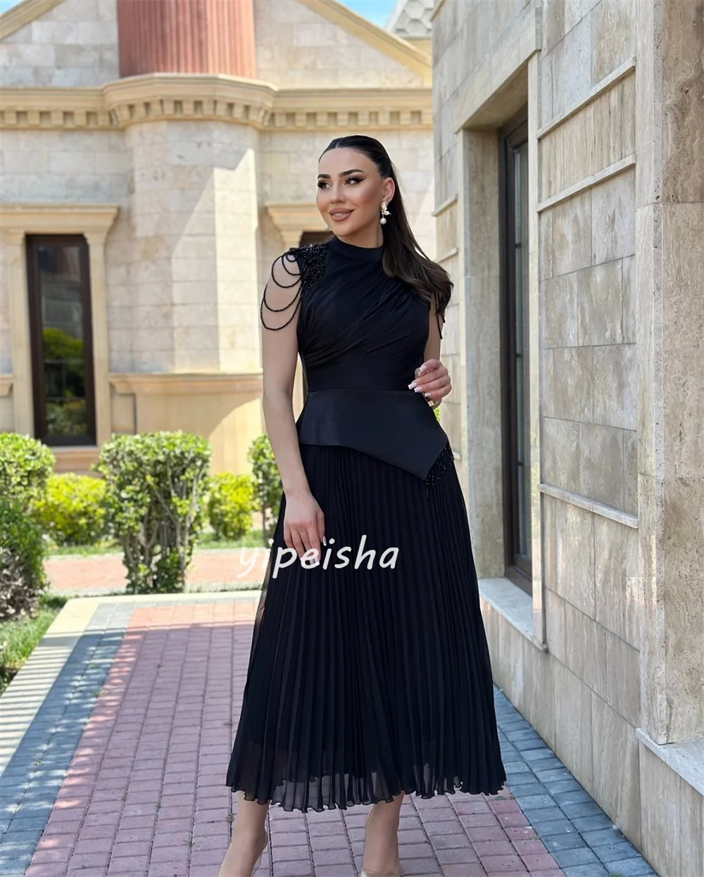 カスタマイズされたエレガントなマッチングシフォンビーズプリーツストレートハイカラーアンクル丈ドレスオーダーメイドオケージョンドレスクラシック