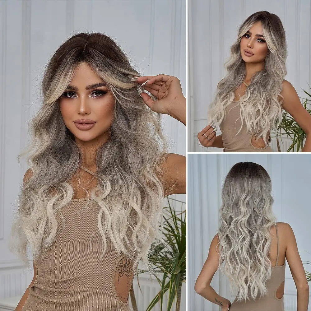 Easyhair brązowy jesion blond peruki syntetyczne Ombre długie faliste z grzywką naturalna peruka dla kobiet Cosplay codzienna peruka termoodporna