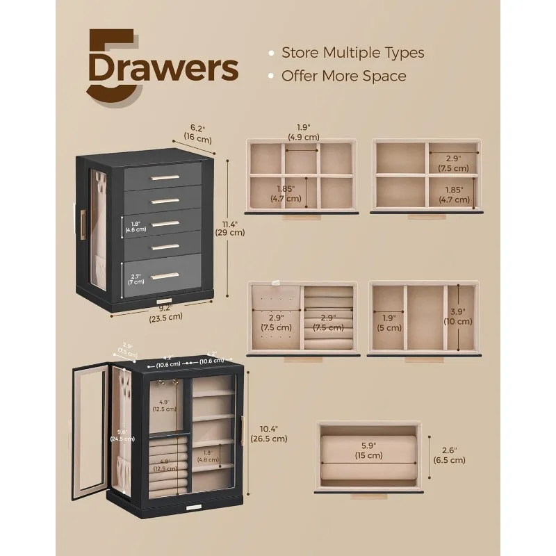 360° Rotating Jewelry Box with 5 Drawers, Spacious Vertical Jewelry Organizer with Glass Window, Jewelry Storage Case