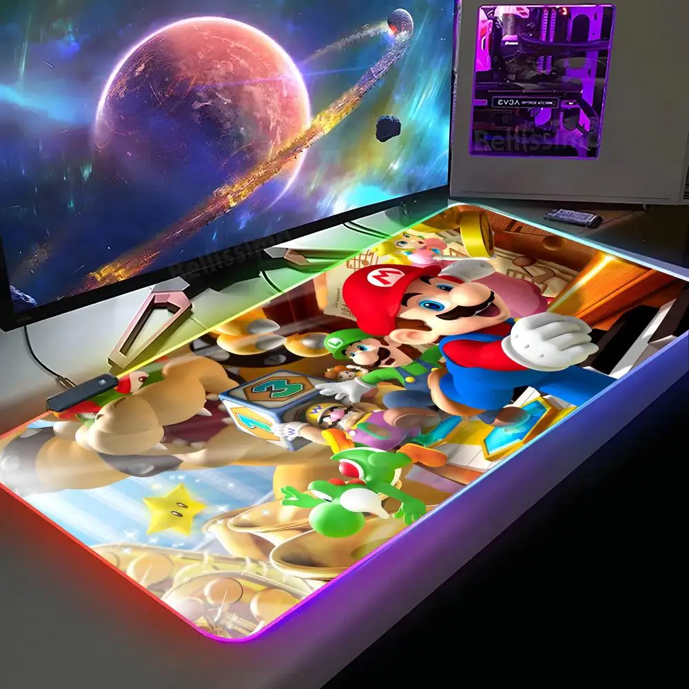 Hot Game Super Cool M-Mario Bros Mouse Pad XXL RGB Gaming Mouse Pad HD Gamer Large LED Light MousePads PC Carpet With Backlit
