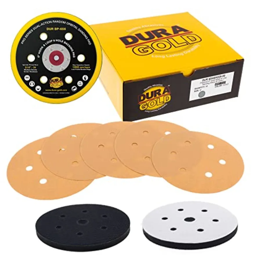 

6-дюймовые шлифовальные круги - зернистость 220, с креплением на липучке, опорная тарелка для DA и промежуточная прокладка мягкой плотности