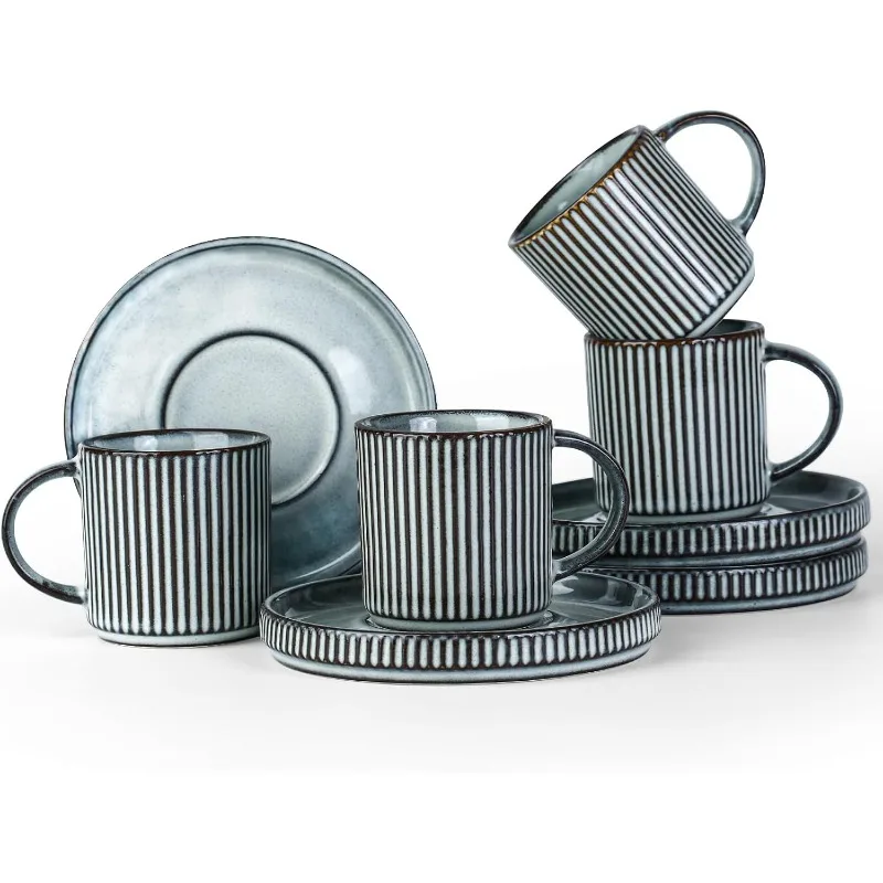 Star Espresso Cups and Saucers Set of 4, [ Mini ] 3 oz Ceramic Small Coffee Mug with Handle, Ribbed Stoneware Demitasse Cup