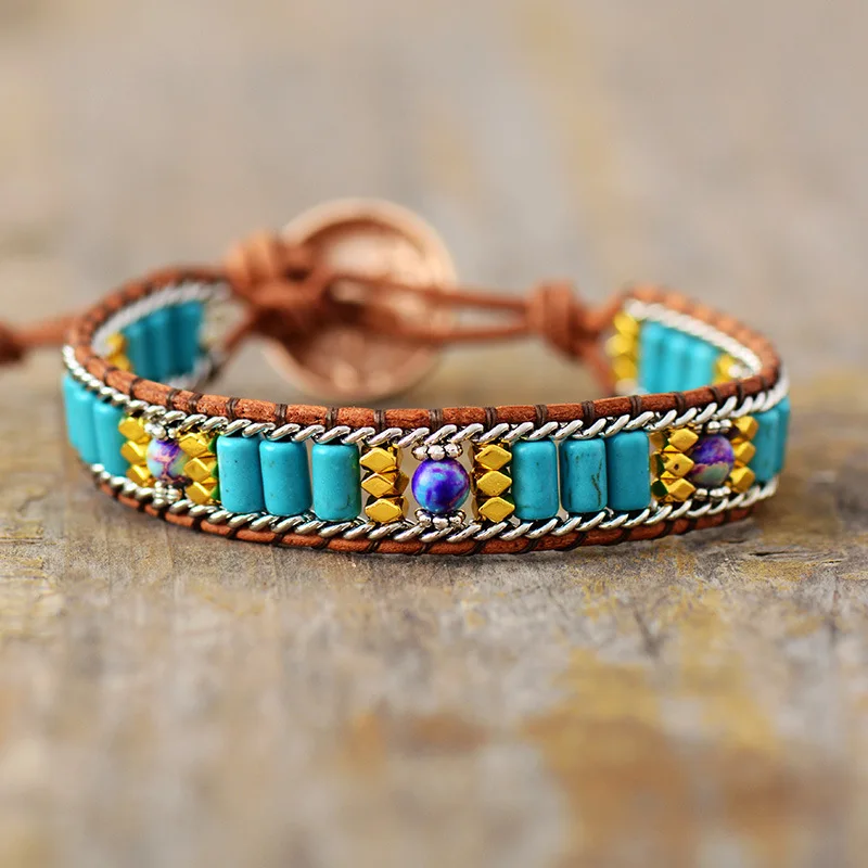 Luxury Personalized Bohemian Turquoise Bracelet Handwoven Leather Cord Wrap Bracelet Boho Cultural Craft Friendship Jewelry Gift