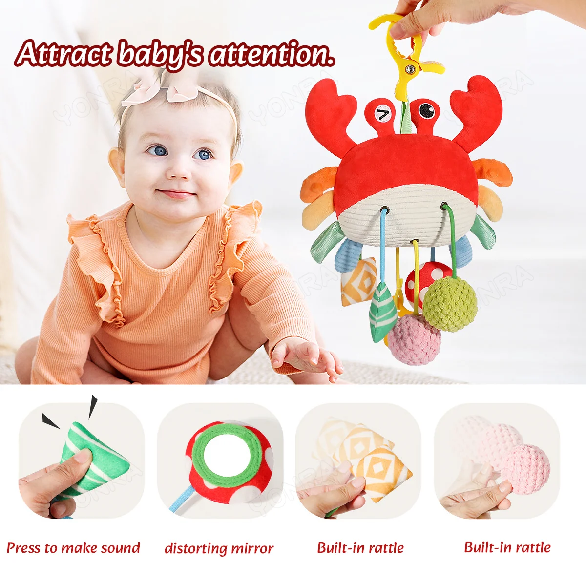 Giocattoli sensoriali in peluche con cordino con sonaglio Giocattoli Montessori per neonati Cellulari per bambini per culle Regali di compleanno Giocattoli da viaggio