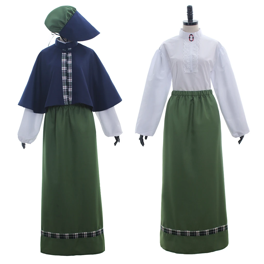 Medieval Victorian Colonial Maid Costume Regency Noble Cape Top Skirts Full Set Halloween Carnival Party Uniform Ball Gown