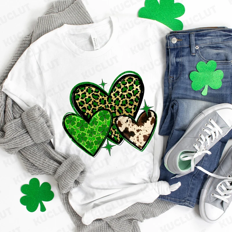 Saint Patrick's Day Heart T Shirt for Women Shamrock Lucky Irish Shirt Fashion Graphic St.Paddy's Day Tops Short Sleeve Tees