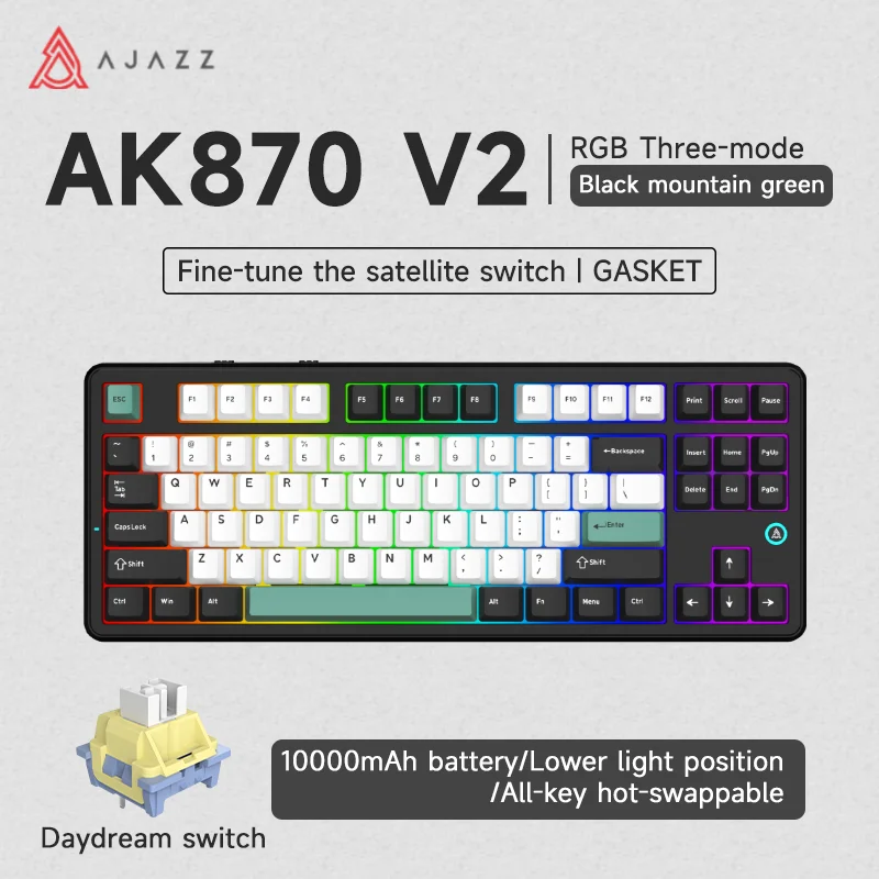 AJAZZ AK870 V2 TKL mechanisch toetsenbord met pakking, BT5.0/2.4GHz/USB-C draadloos gamingtoetsenbord (zwart en groen)