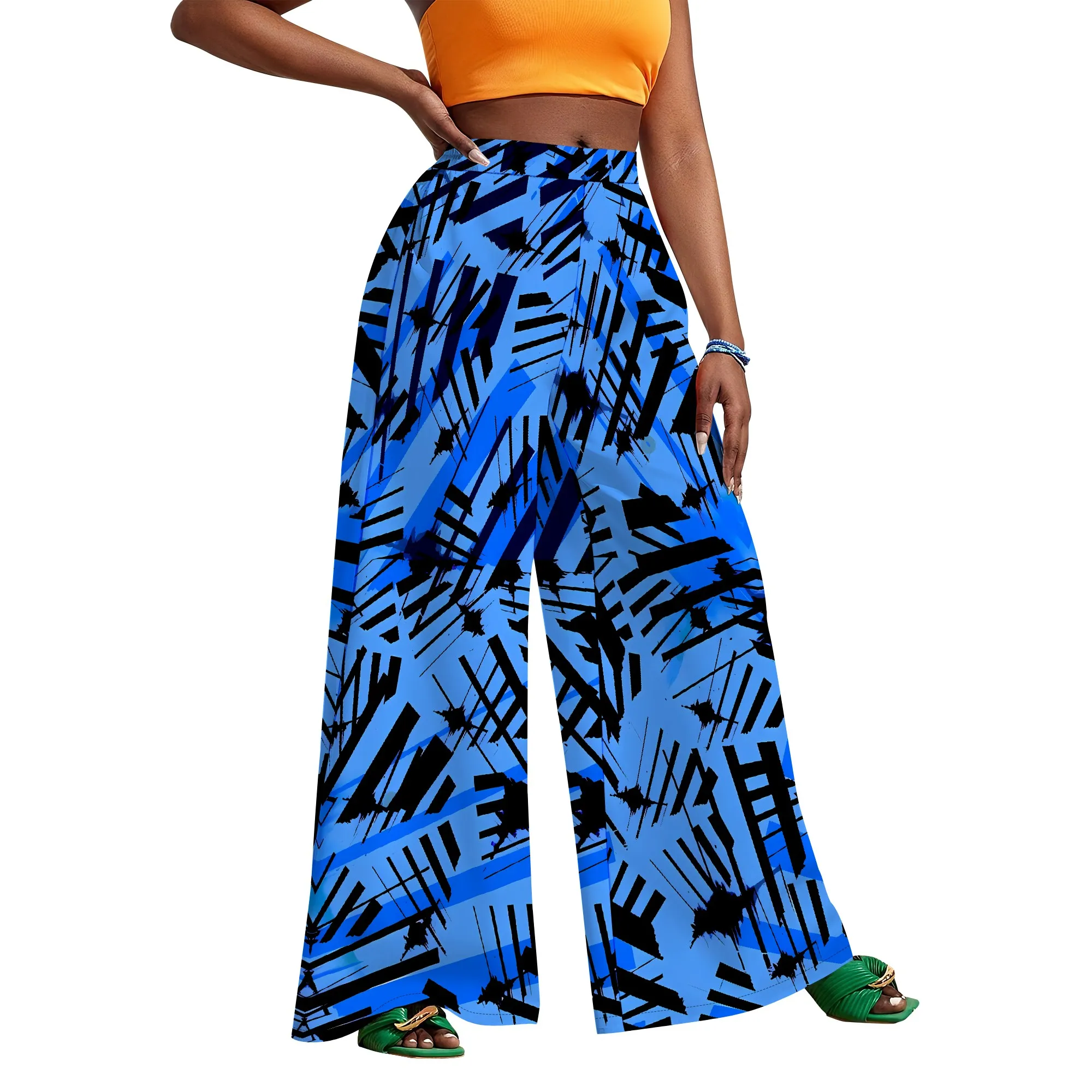 Streetwear High Waist Wide Leg Pants Women Blue Black Abstract Print Casual Summer Trousers