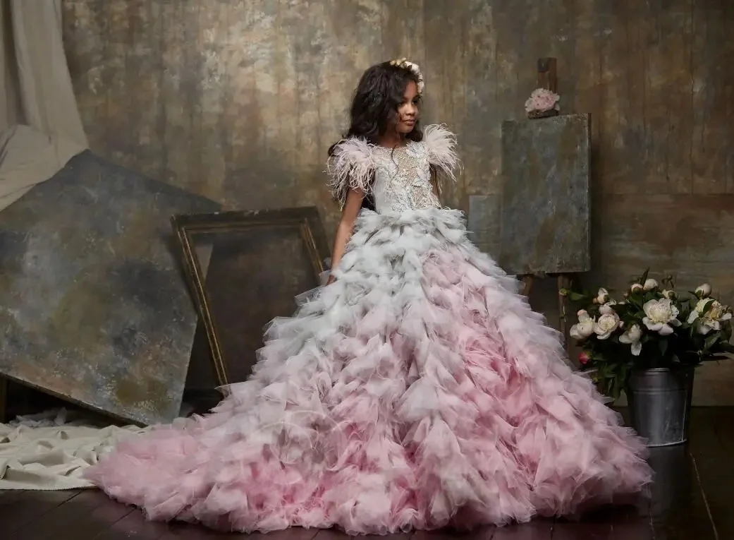 Custom Luxury Dress Women Wedding Guest Dress Flower Girl Wedding Gown Birthday Party Pageant Runway Pink White Feather Tulle
