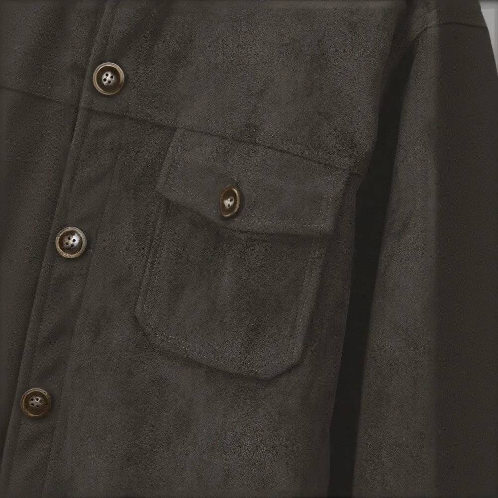 Men Retro Loose Fit Faux Suede Jacket Solid Color Outerwear Coat Regular Length Long Sleeve Collar Autumn Winter Use