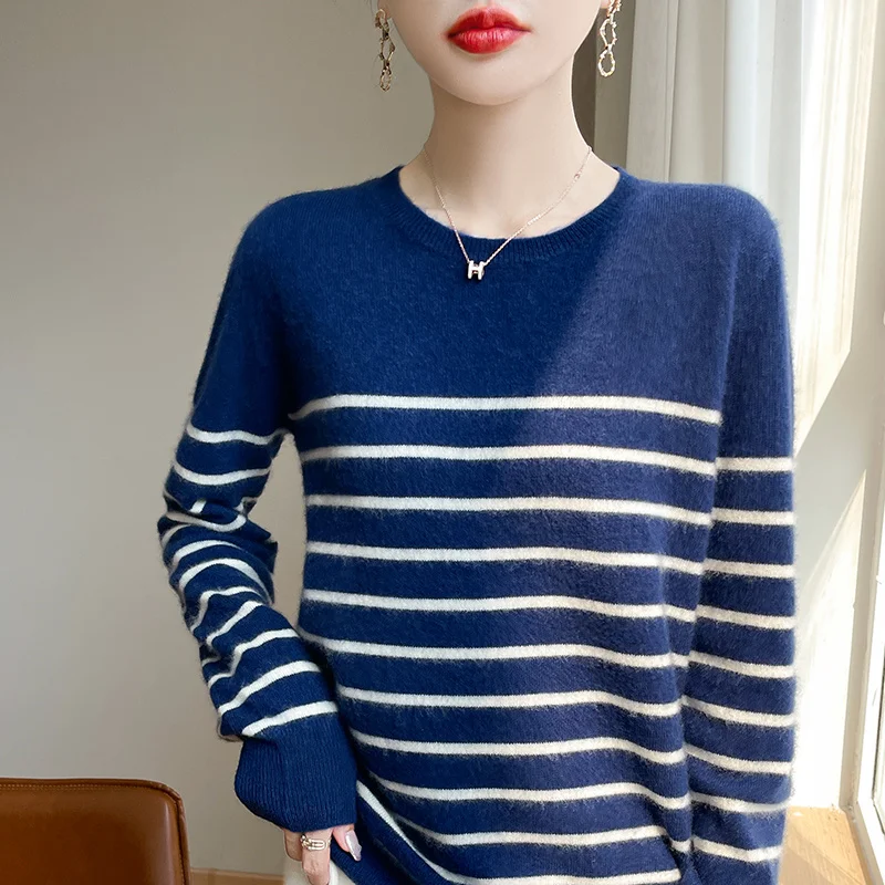 ZYCZCXX Autumn and Winter Crew Neck Striped Sweater Women 100% Merino Wool Pullover Fashion Cashmere Cashmere Soft Knit Top