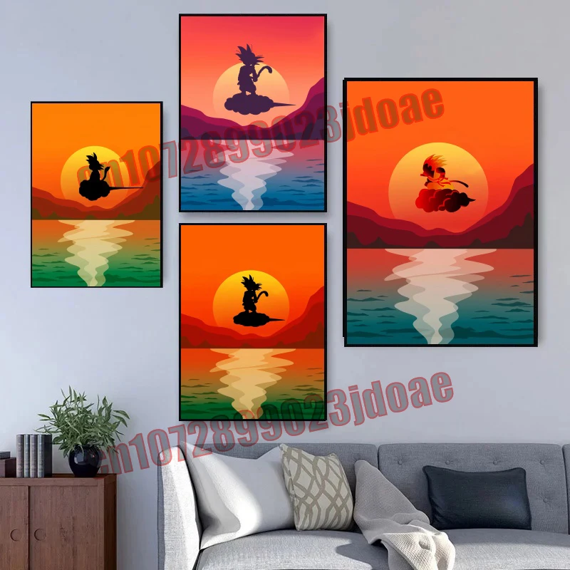 Anime Dragon Ball Goku Kakarot Vegeta puesta de sol figura costera silueta HD pintura en lienzo sin marco accesorios para el hogar el mejor regalo
