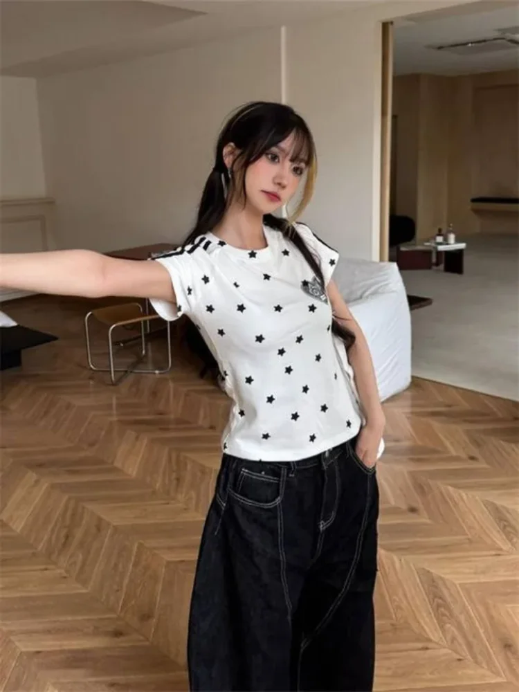 

Harajuku Star Print Women's Short-Sleeved T-shirts New Y2K Summer Aesthetic Retro Street Punk Fashion Casual Slim Women's Tops