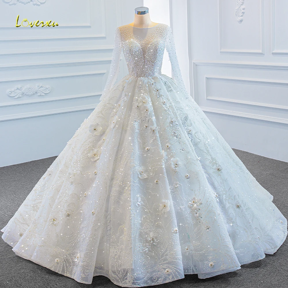 Loverxu Ball Gown Luxury Wedding Dresses O-Neck Long Sleeve Vestido De Novia Lace Beaded 3D Flowers Custom Made Bridal Gown