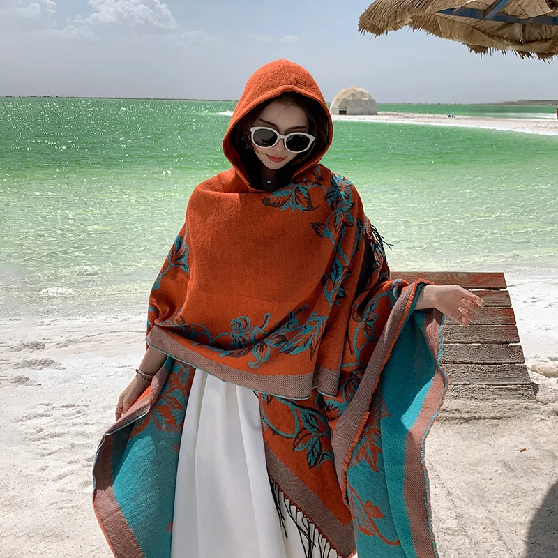 

Poncho Imitation Cashmere New Tourism Cloak Women's Hooded Warmth Thickened Scarf Photo Overlay with Knitted Shawl Lady Capes