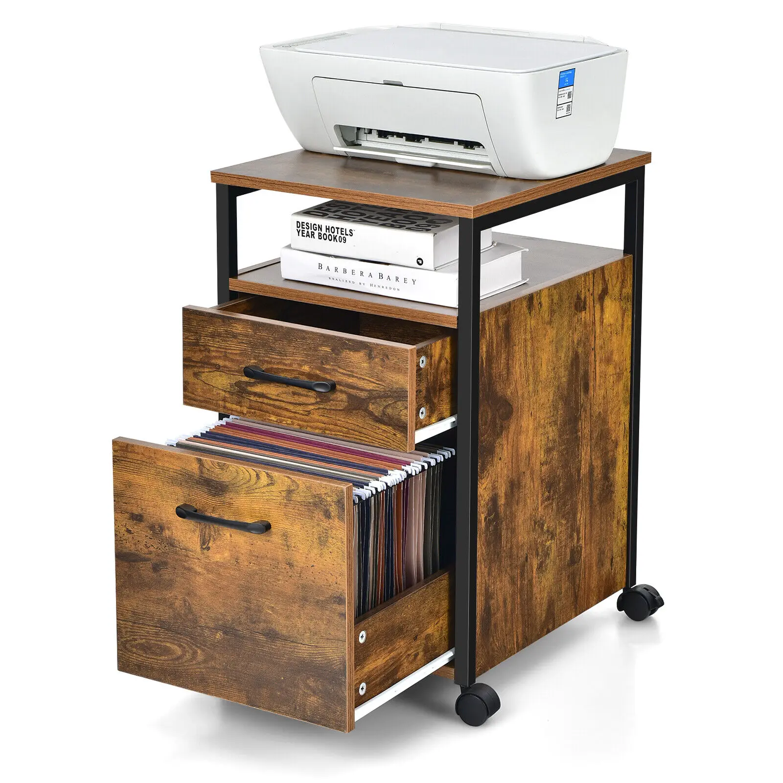 

2 Drawer Printer Stand Mobile File Cabinet w/Open Shelf for Letter Size
