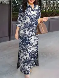 ZANZEA Vintage Autumn Sundress Fashion OL Work Vestido Elegant Party Dresses Women Lapel Neck 3/4 Sleeve Floral Printed Dress