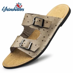 YEINSHAARS New Men Gennine Leather Mule Clogs Slippers High Quality Soft Cork Two Buckle Slides Footwear For Men Big Size 38-47