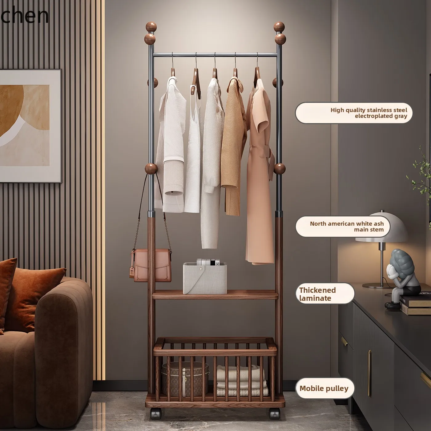 LXC Floor-standing Coat Rack Bedroom Storage Hanger with Integrated Dirty Laundry Basket and Bedside Cabinet Clothes Rack