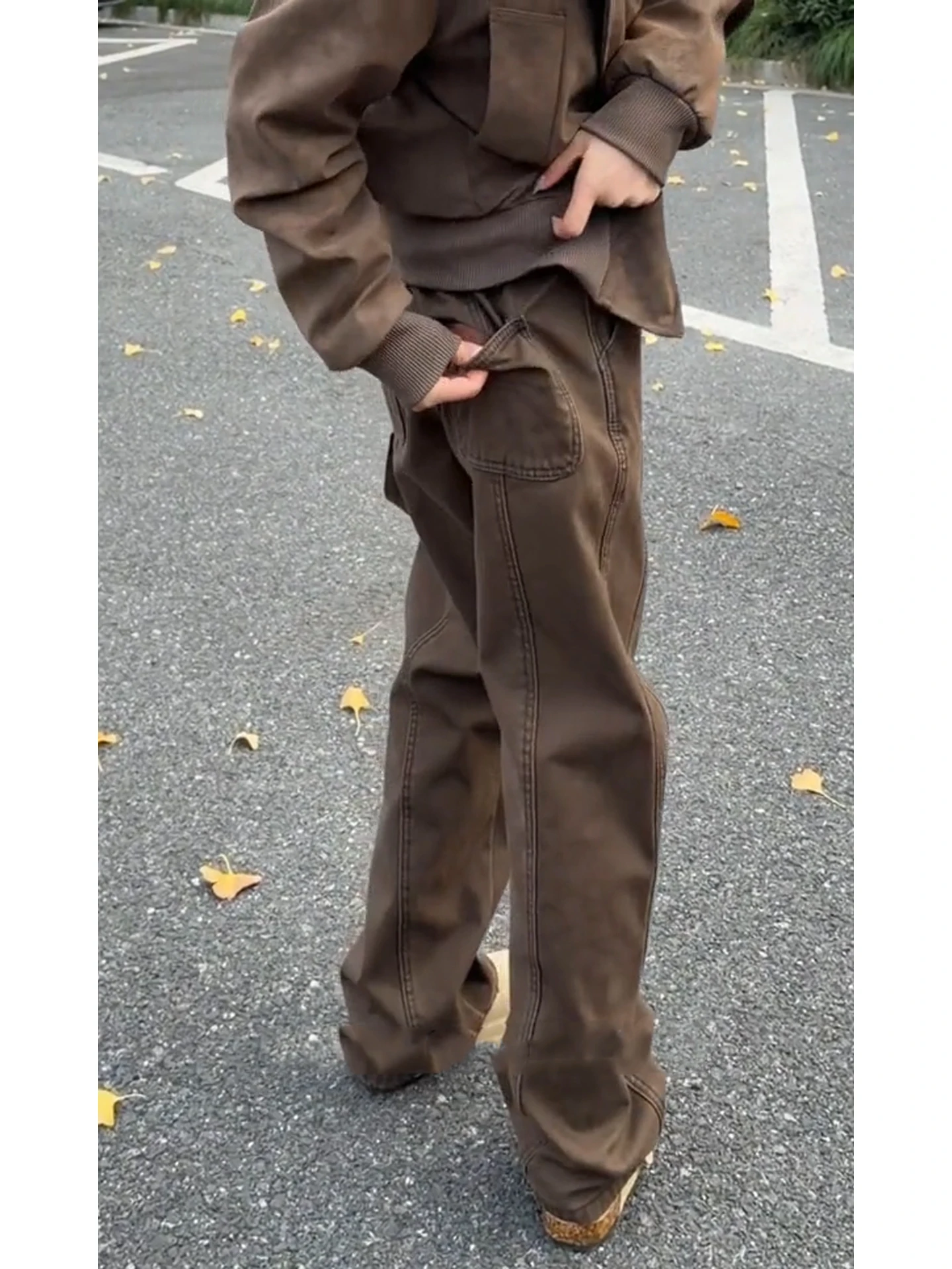 

Retro American Brown Slanted Cut Thiened Fce Men's Jeans Straight Leg Micro Flared Pants Casual Winter Trousers