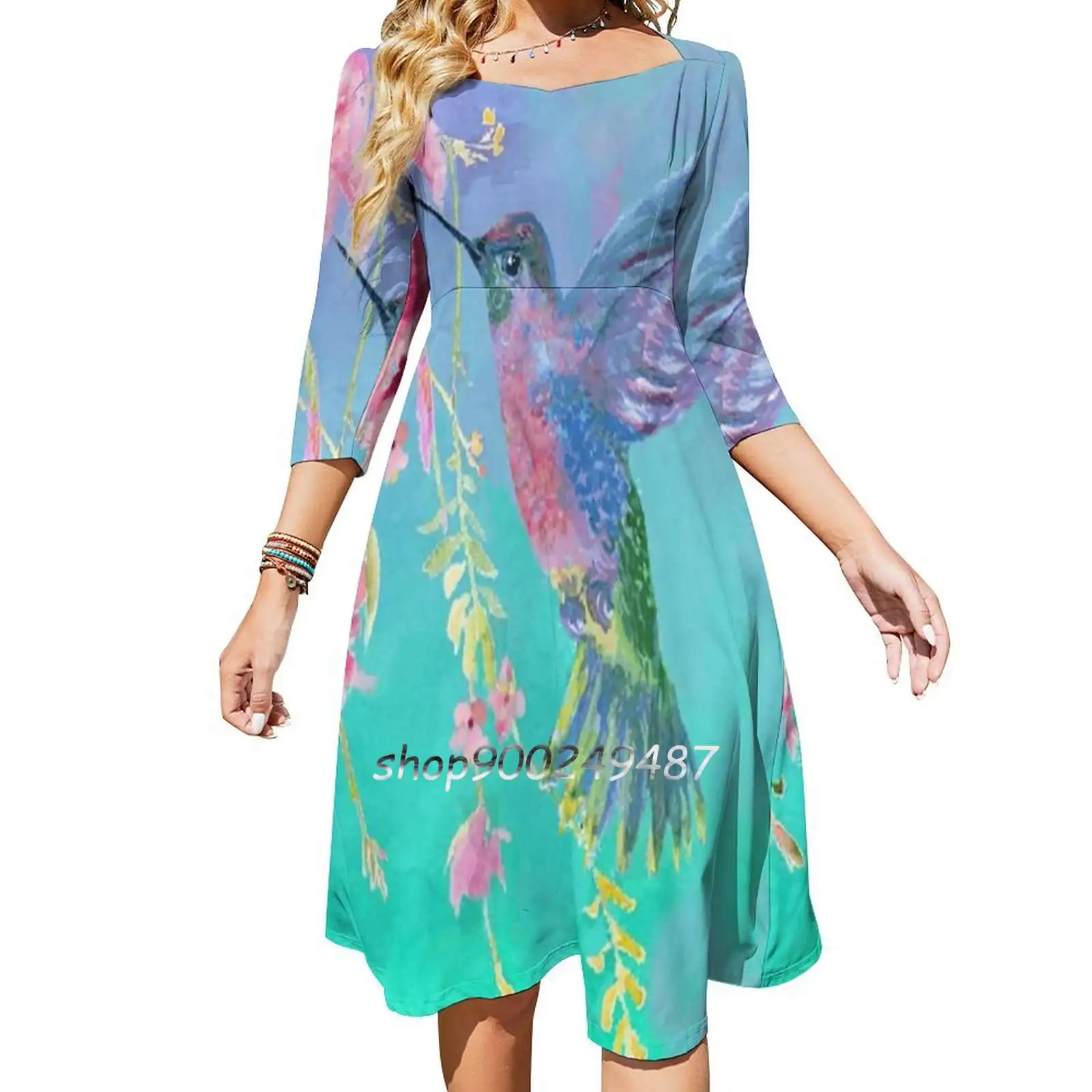 

Live A Colorful Life Flare Dress Square Neck Dress Elegant Female Fashion Printed Dress Hummingbird Bird Tiny Wildlife Humming