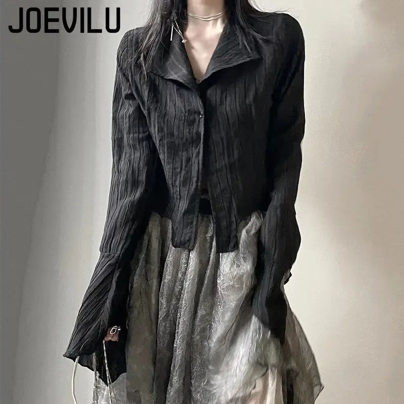 JOEVILU Yamamoto Style Black Shirt Women\'s Extended Sleeves Irregular Blouses Babes Retro Dark Aesthetic Clothes Gothic Y2k Tops