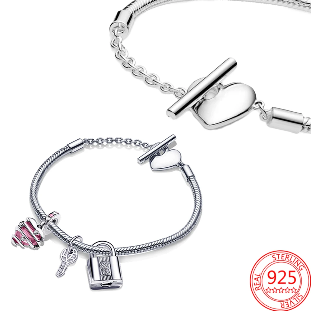 Real 925 Sterling Silver Cadeado e Chave Do Coração Dangle Charme para As Mulheres, Fits DIY Pulseira, Colares, Fazer Jóias