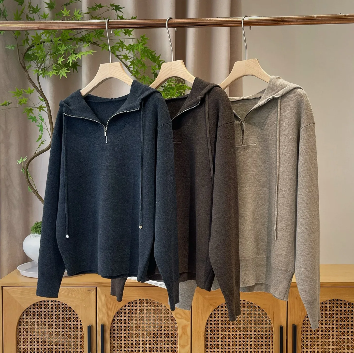2026 Women's Autumn Winter Wool Half-zip Hooded Knitted Sweater Pullover Hoodie Top