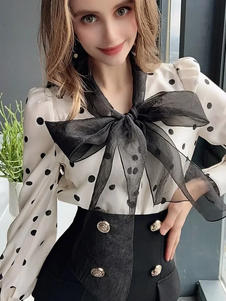 Dabuwawa Spring Autumn Elegant Women Chiffon Shirt Big Bow Tie Dot Long Sleeve Blouse 2023 DM1AST002