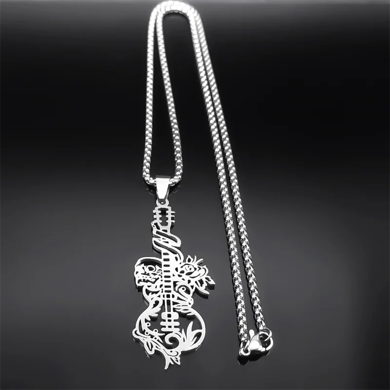 Attractive Rock Guitar Skull Flower Musical Necklace for Women Men Stainless Steel Hip Hop Music Chain Gift Jewelry NZZZ519S06