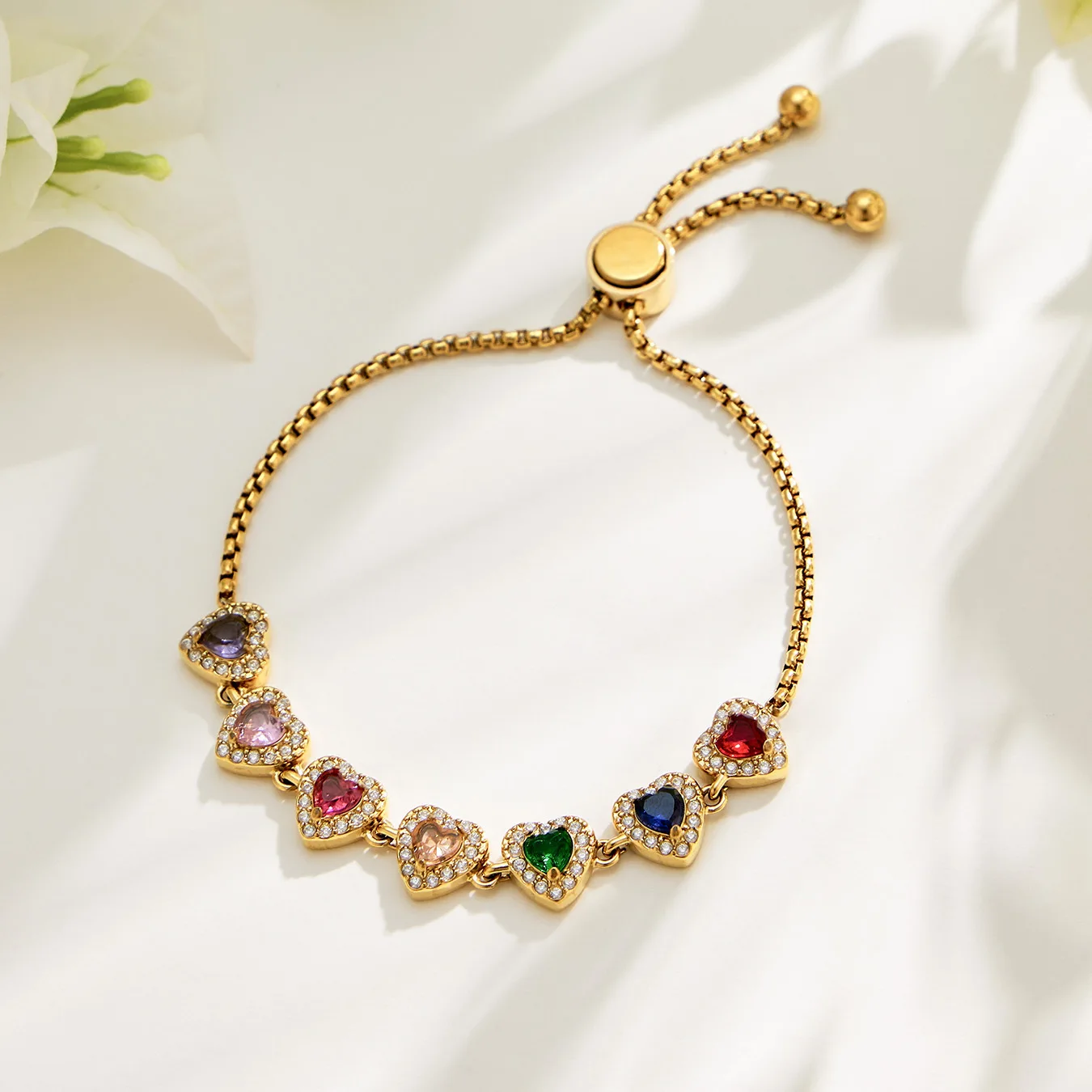 Farbiges Zirkon-Herz-Armband, Edelstahl-Kettenarmband, 18k Vergoldete Armbänder, Verstellbare CZ-Charm-Armbänder für Damen – Detail 10