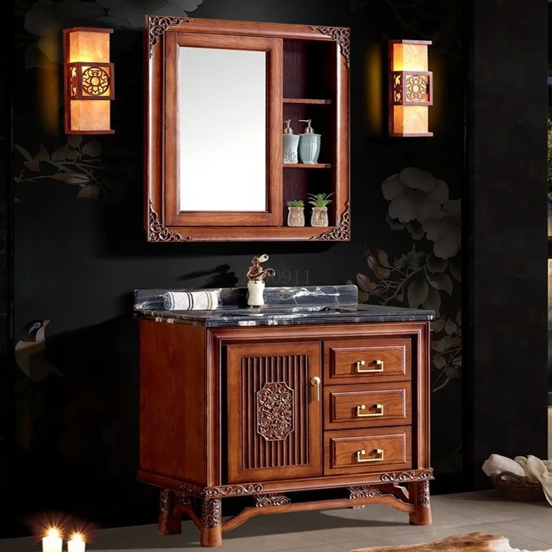 Chinese Bathroom Cabinet Wash Basin Marble Washstand Mirror Cabinet Bath Side Cabinet Combination Customization