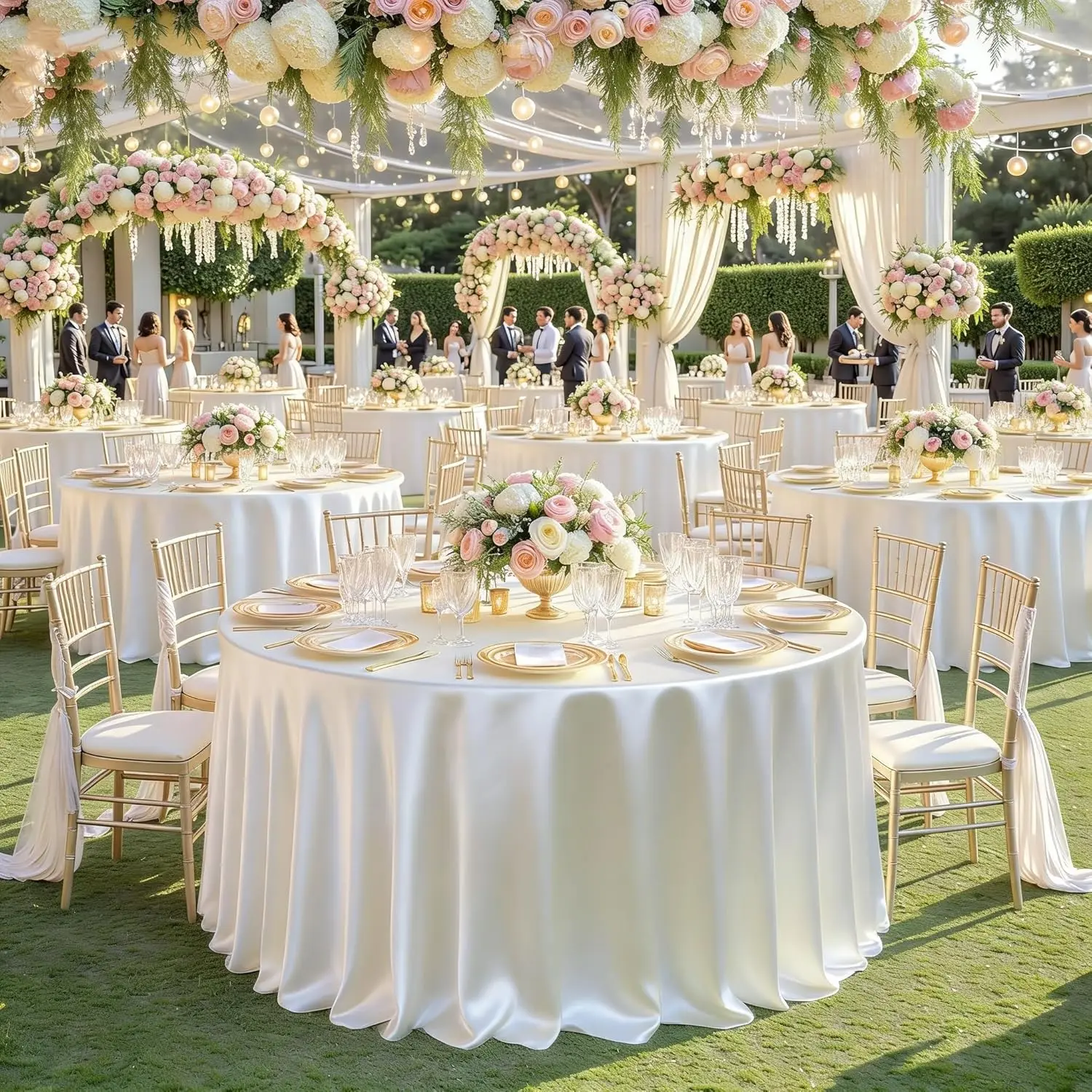 

2pcs 120 Inches Round Tablecloth Satin Table Cover Plain Smooth Fabric Bright Silk for Holiday Dinner Wedding Banquet Decoration