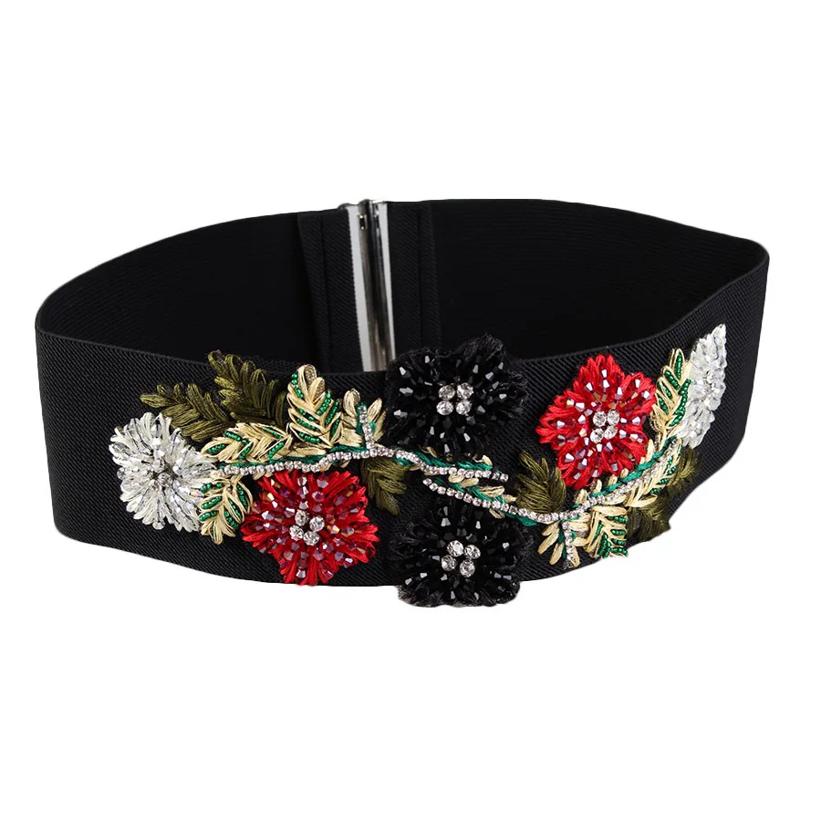 

Chinese Belt Retro-Stil elastischen Bund Frauen reine handgefertigte Perlen Blumenschmuck elastischen Bund Black Color
