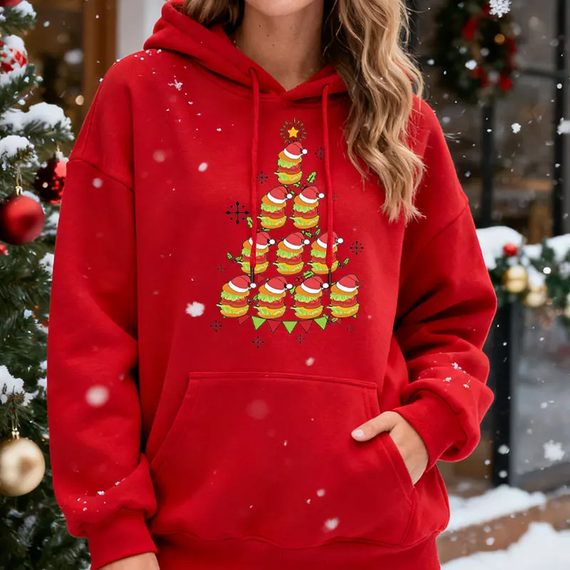مضحك برغر شجرة عيد الميلاد للجنسين البلوز عشاق شجرة عيد الميلاد هوديي الرجعية الوجبات السريعة العصرية عيد الميلاد تشيز برجر البلوز